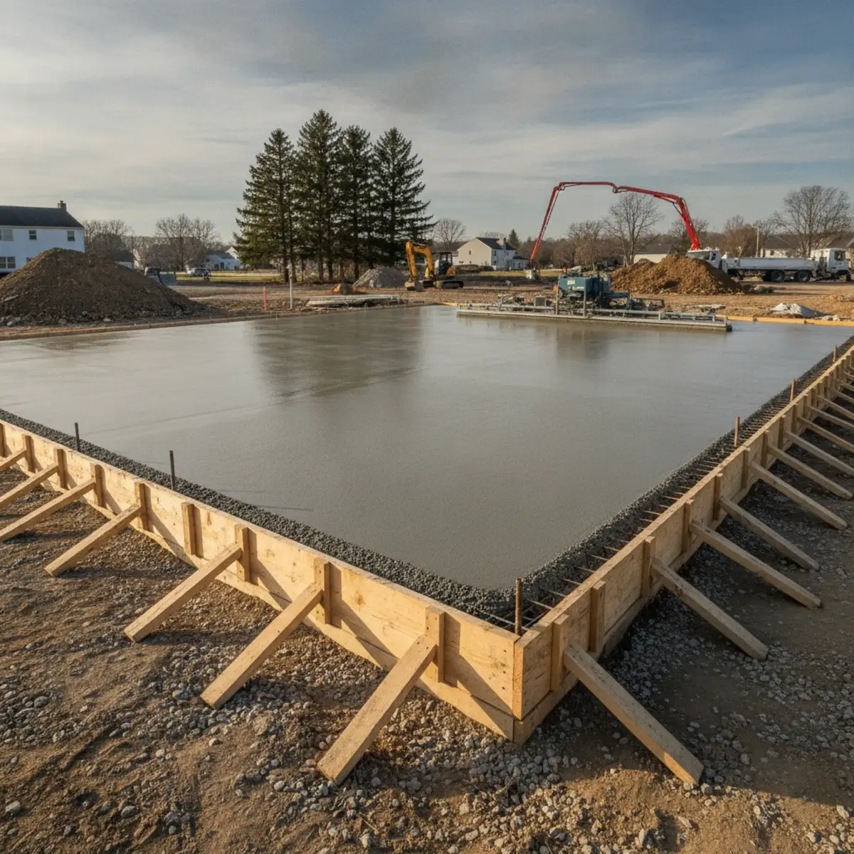Freshly screeded concrete floor slab inside forms at a Cherry Hill, NJ home site