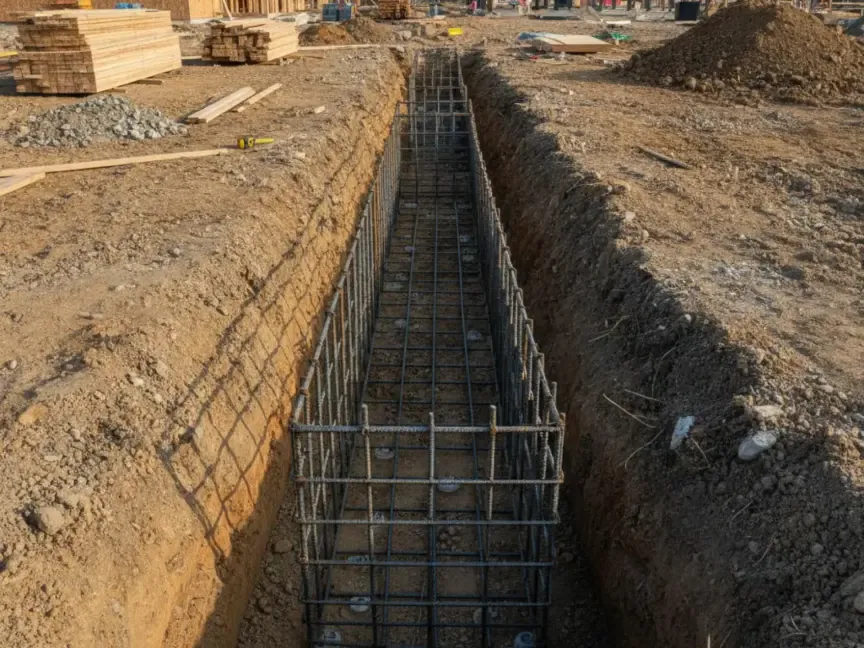 Steel reinforcement cage set in a trench before a concrete pour on a Papaneri & Sons job in New Jersey