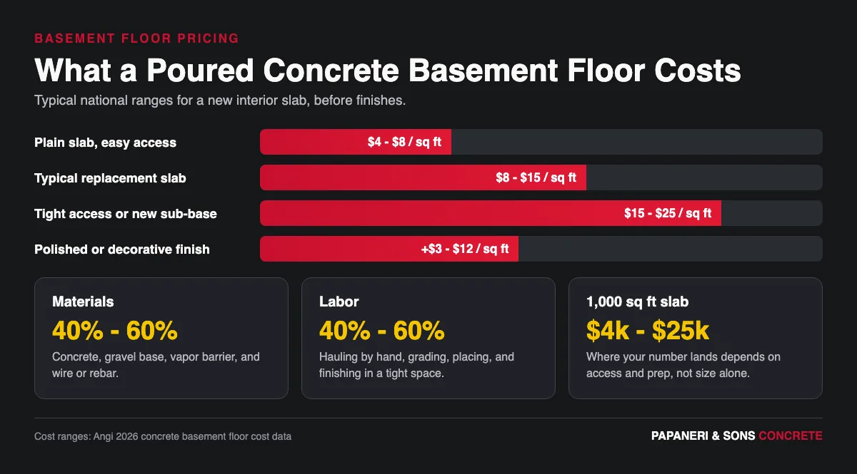 Infographic showing concrete basement floor cost ranges per square foot and the split between materials and labor