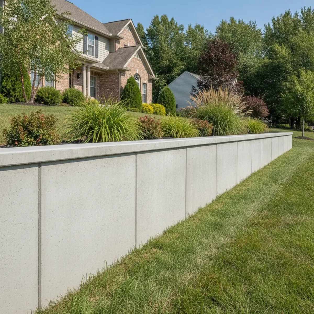 Smooth poured concrete retaining wall holding back a raised garden bed in front of a two-story home