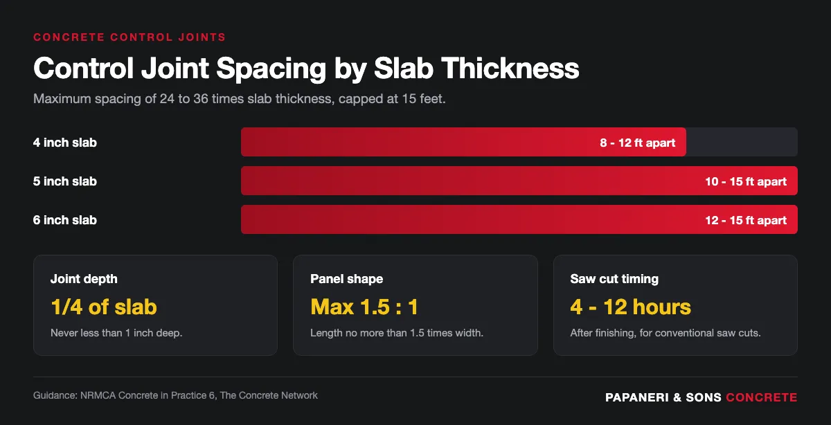 Infographic showing control joint spacing by concrete slab thickness plus joint depth, panel ratio, and saw cut timing