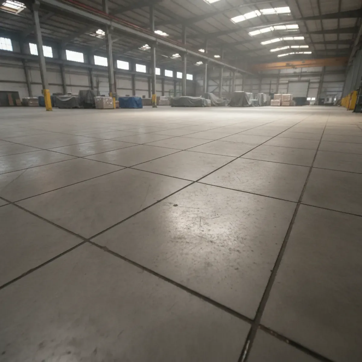 Large warehouse concrete floor divided into square panels by evenly spaced saw cut control joints
