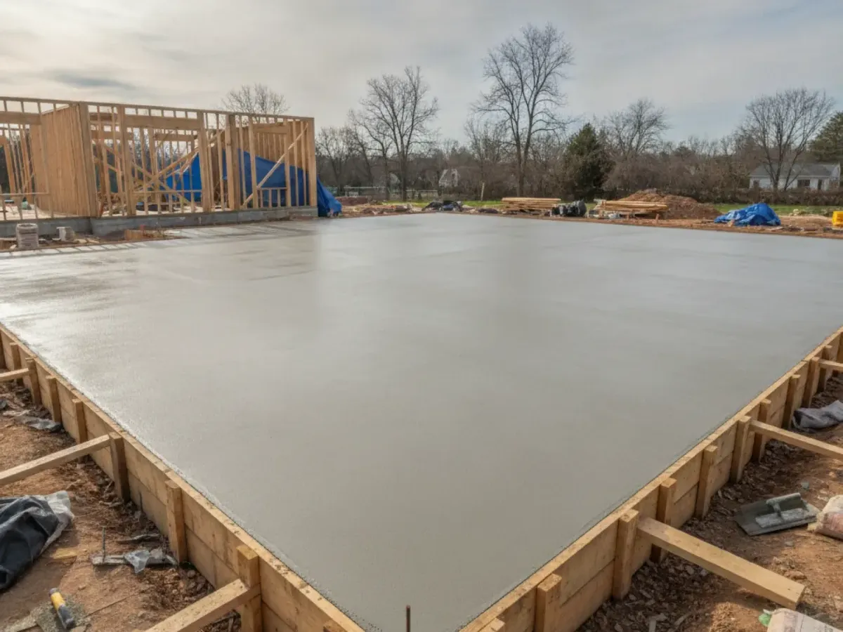 Large concrete slab poured and finished inside wood forms on a Cherry Hill NJ site