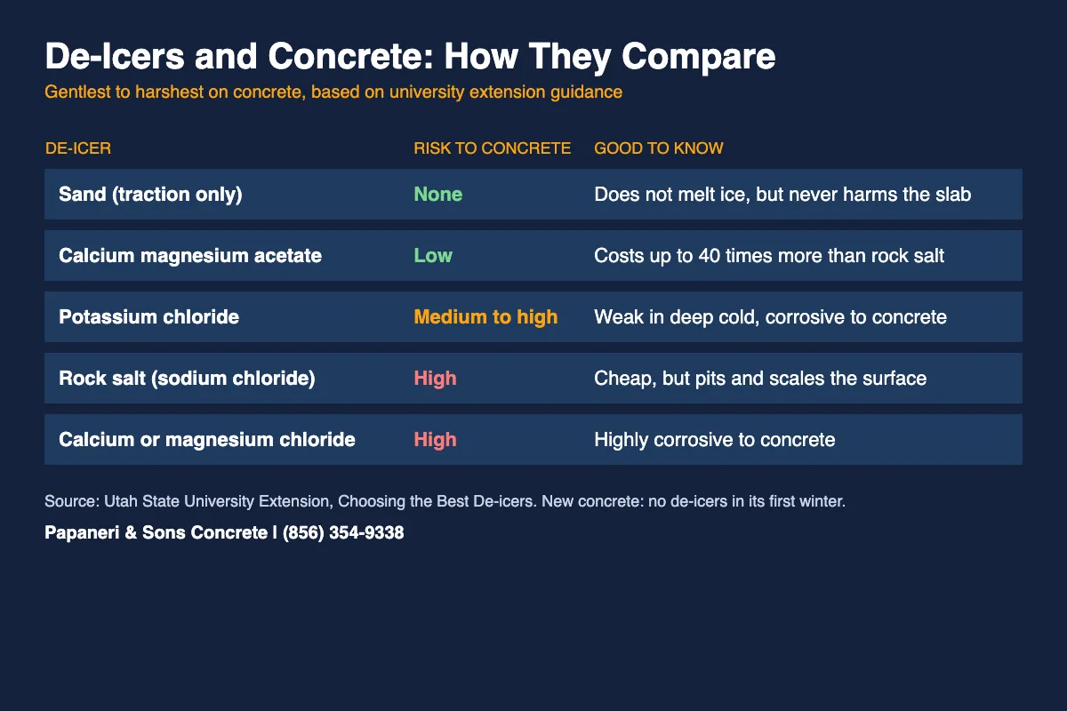Chart comparing de-icers from sand to calcium chloride by risk to concrete