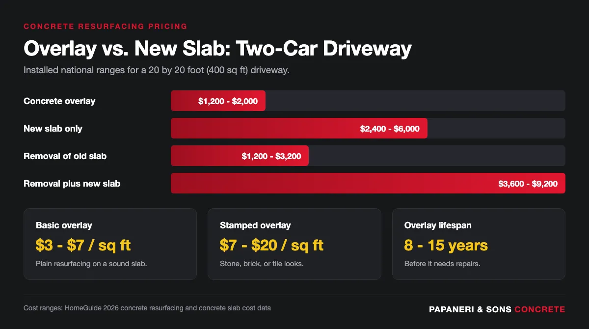 Infographic comparing concrete overlay cost with removal plus new slab cost for a two-car driveway and a patio