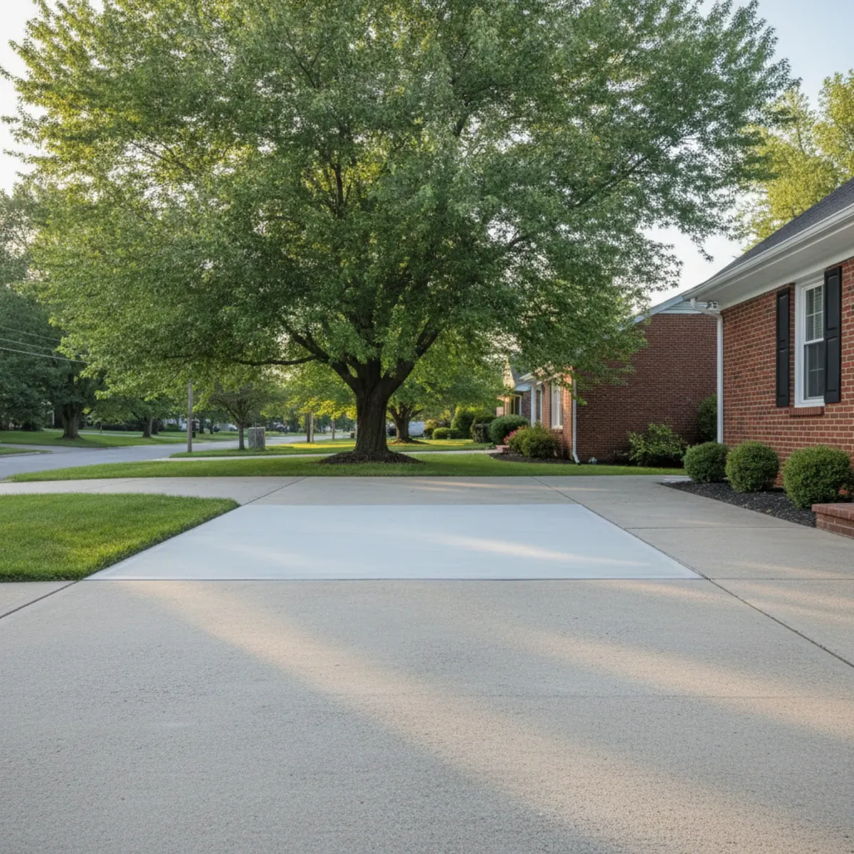 Wide concrete driveway with a newly leveled slab section in front of a brick ranch home and a large tree