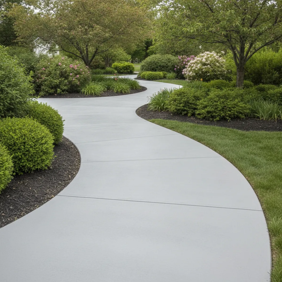 Smooth restored concrete walkway curving through a landscaped yard with trimmed shrubs