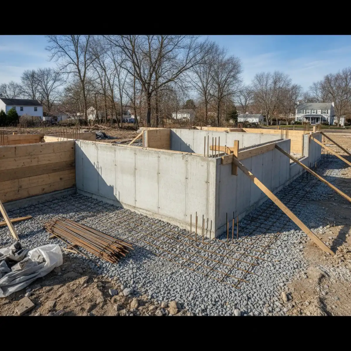Braced concrete forms set on a poured footing at a Cherry Hill, NJ build