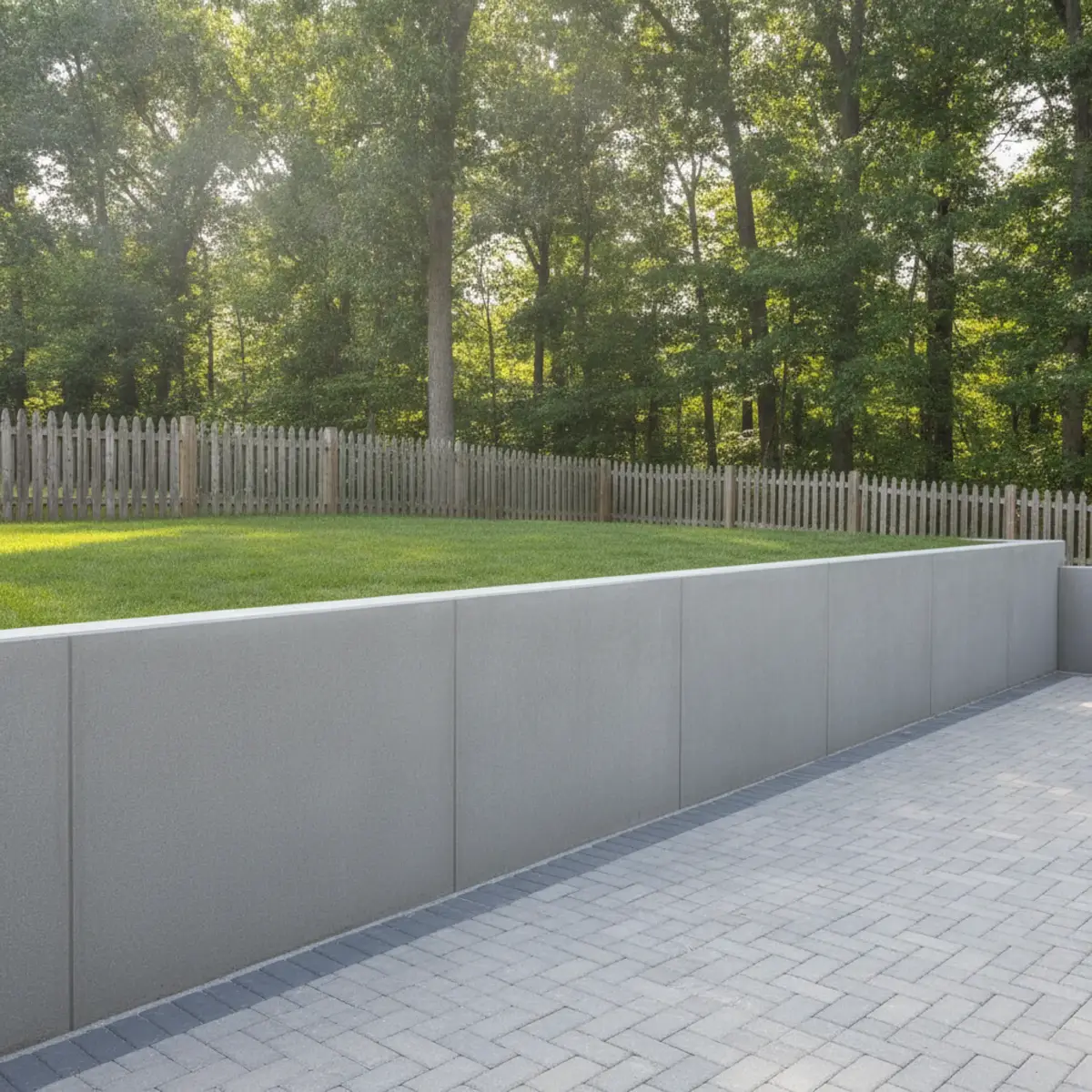 Finished smooth poured concrete wall in a Cherry Hill, NJ backyard