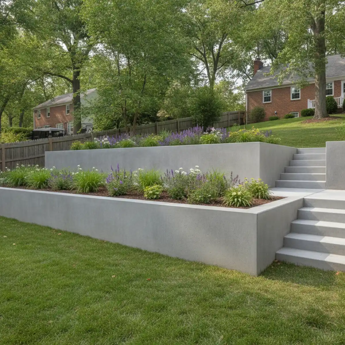 Raised concrete planter beside finished concrete steps in Cherry Hill, NJ
