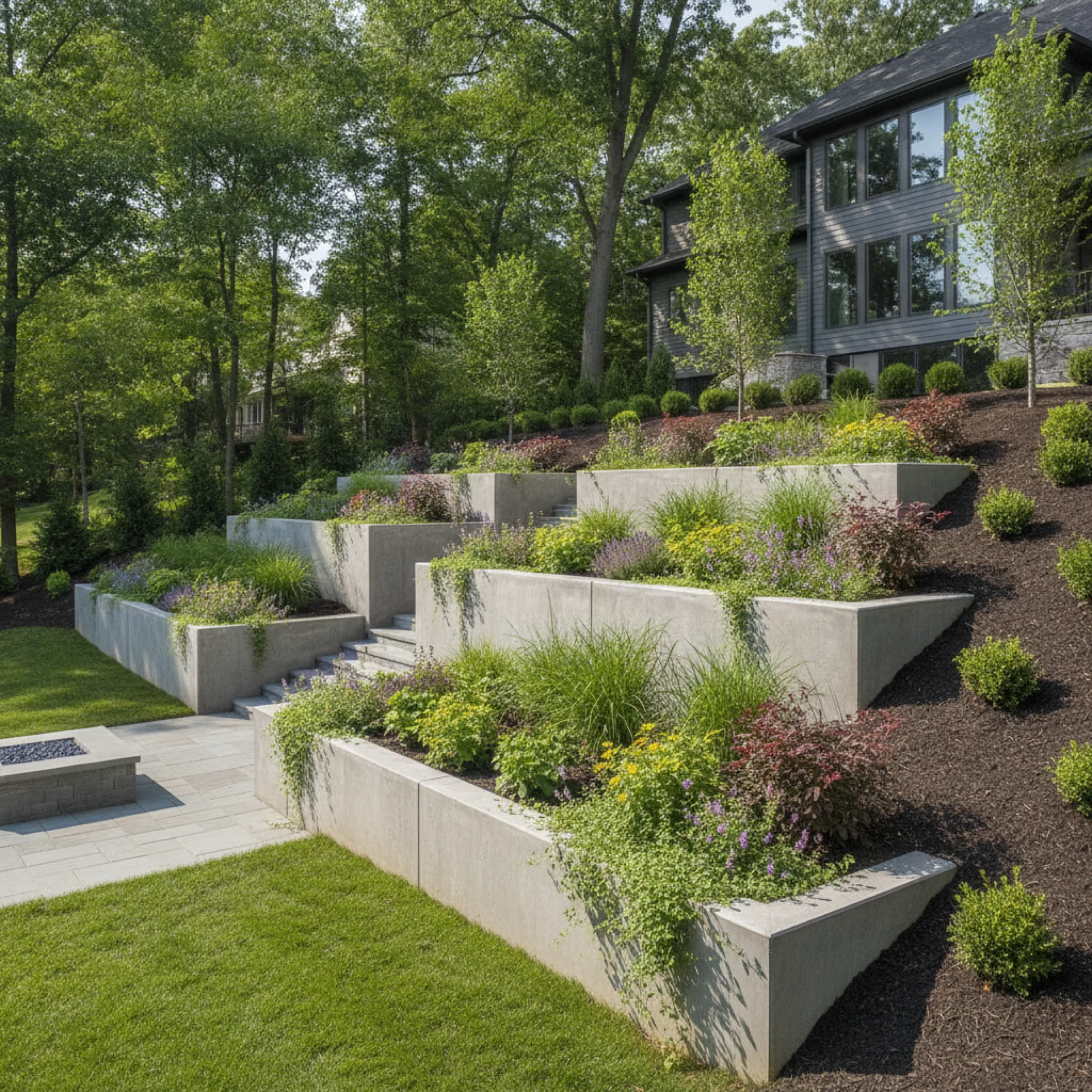 Stepped tiered concrete retaining wall in Cherry Hill, NJ by Papaneri & Sons