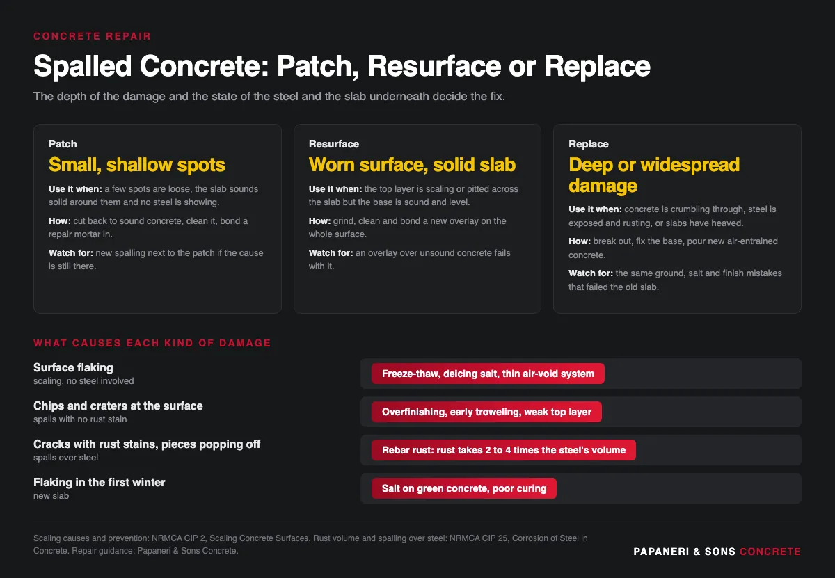Chart comparing patching, resurfacing and replacing spalled concrete by damage type and cause
