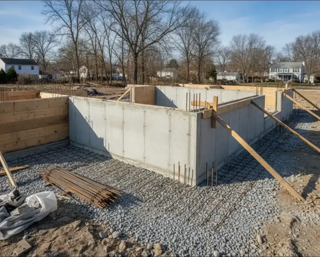 Braced poured concrete foundation wall on a footing at a Cherry Hill, NJ home, the kind of support work underpinning leads to