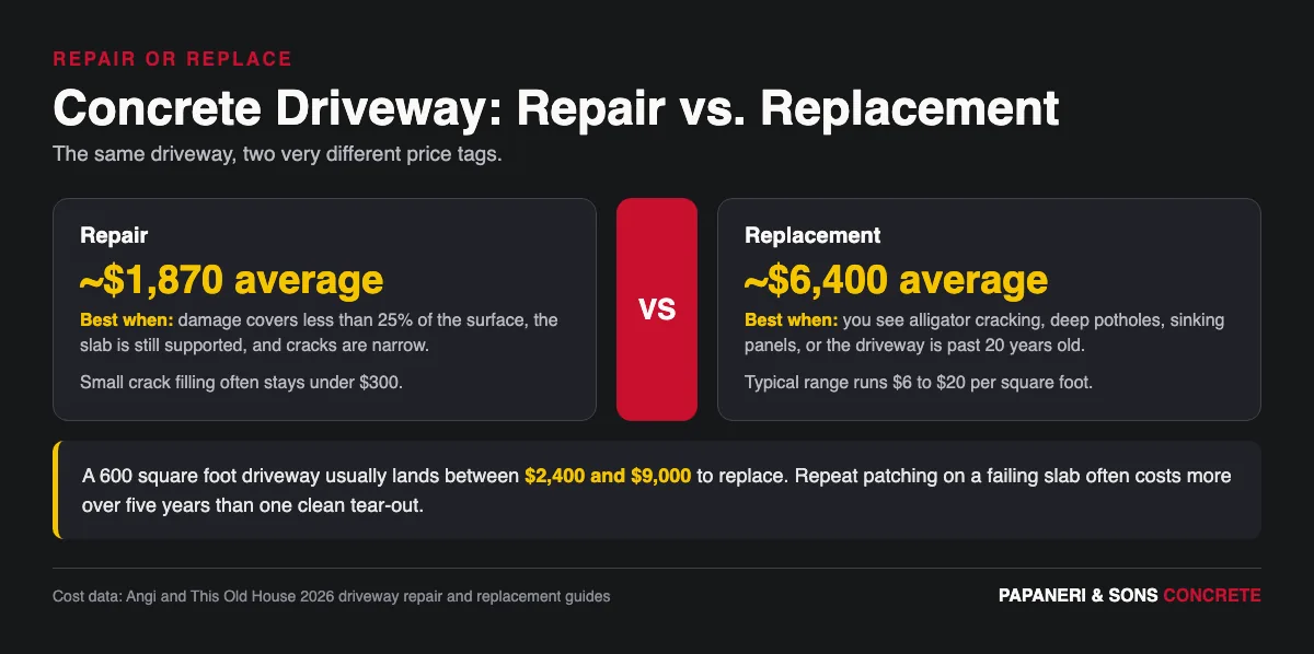 Infographic comparing average concrete driveway repair cost against average replacement cost with decision cues