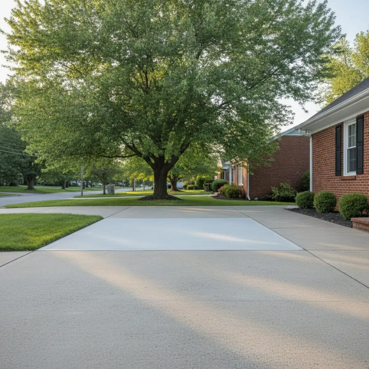 Concrete driveway with a repaired and releveled slab section blending into the original surface