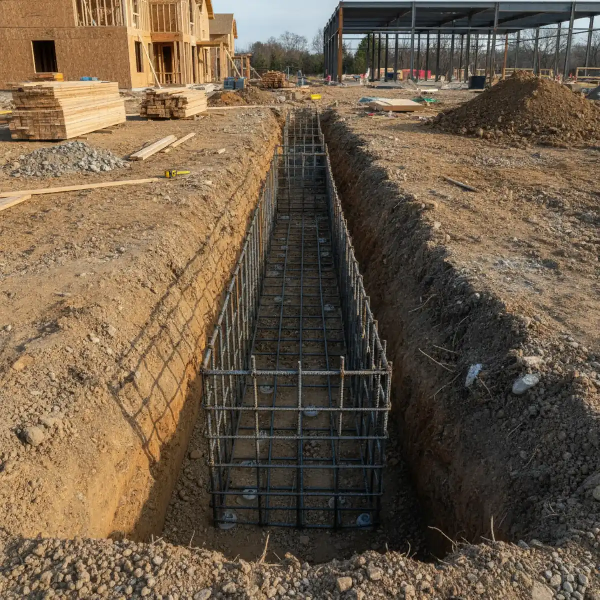 Deep footing excavation with a steel rebar cage set in the trench beside a building foundation