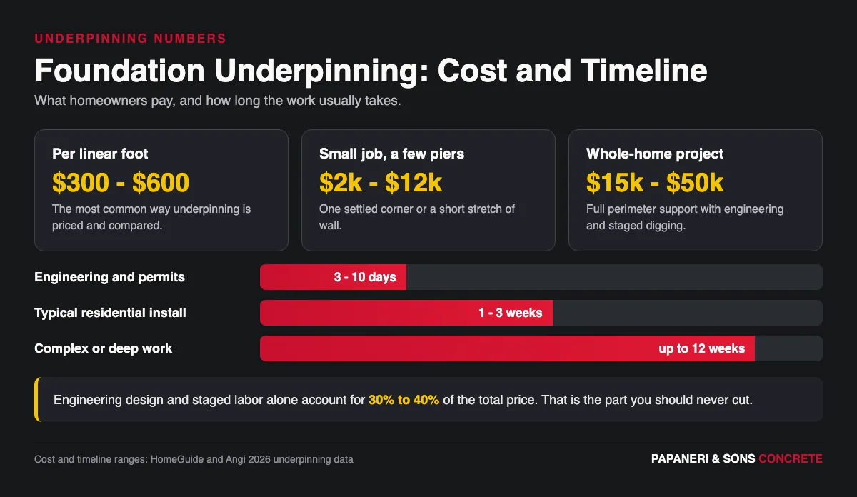 Infographic comparing foundation underpinning cost per linear foot with typical project timelines