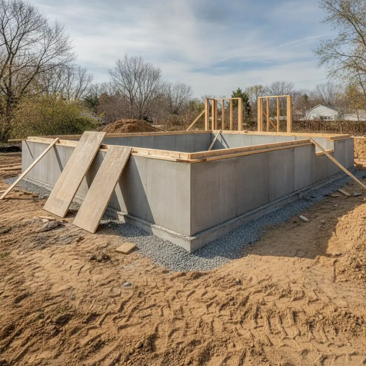 Newly poured concrete foundation walls and footings on a residential job site
