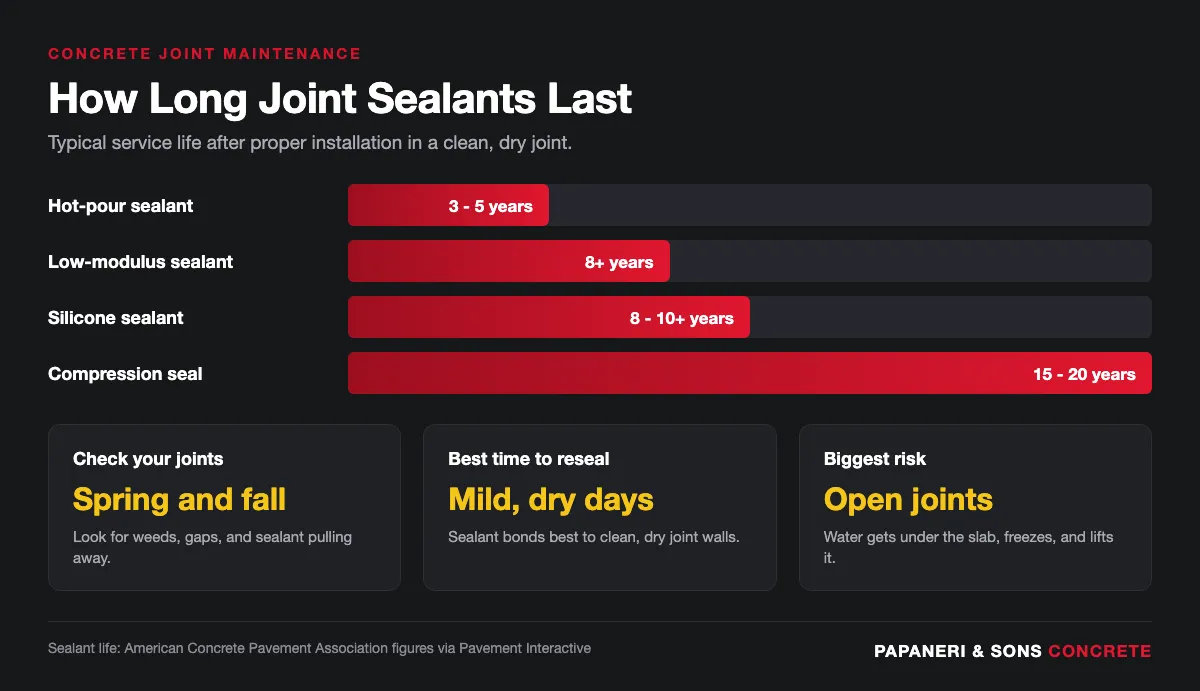 Infographic showing how long concrete joint sealants last by type, from hot-pour to silicone and compression seals