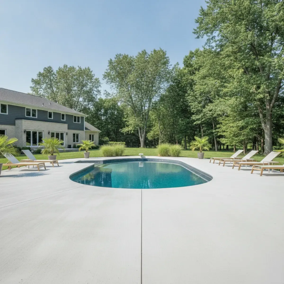 Broom finished concrete pool deck poured around a backyard pool in Cherry Hill, New Jersey
