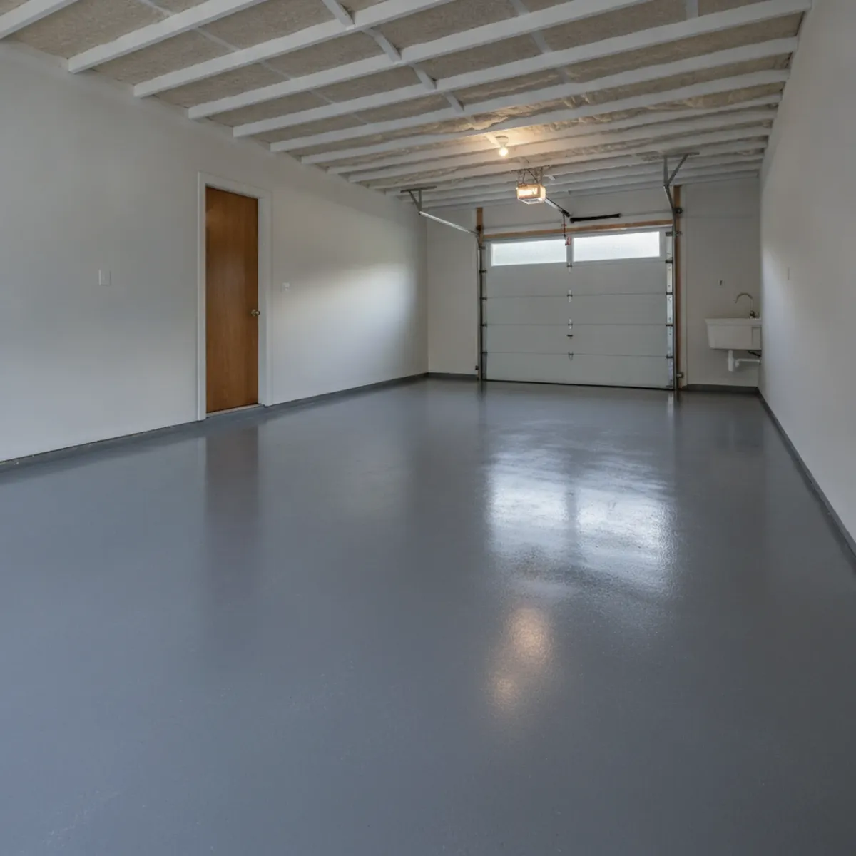 Bright empty garage with a smooth light gray concrete floor and white walls