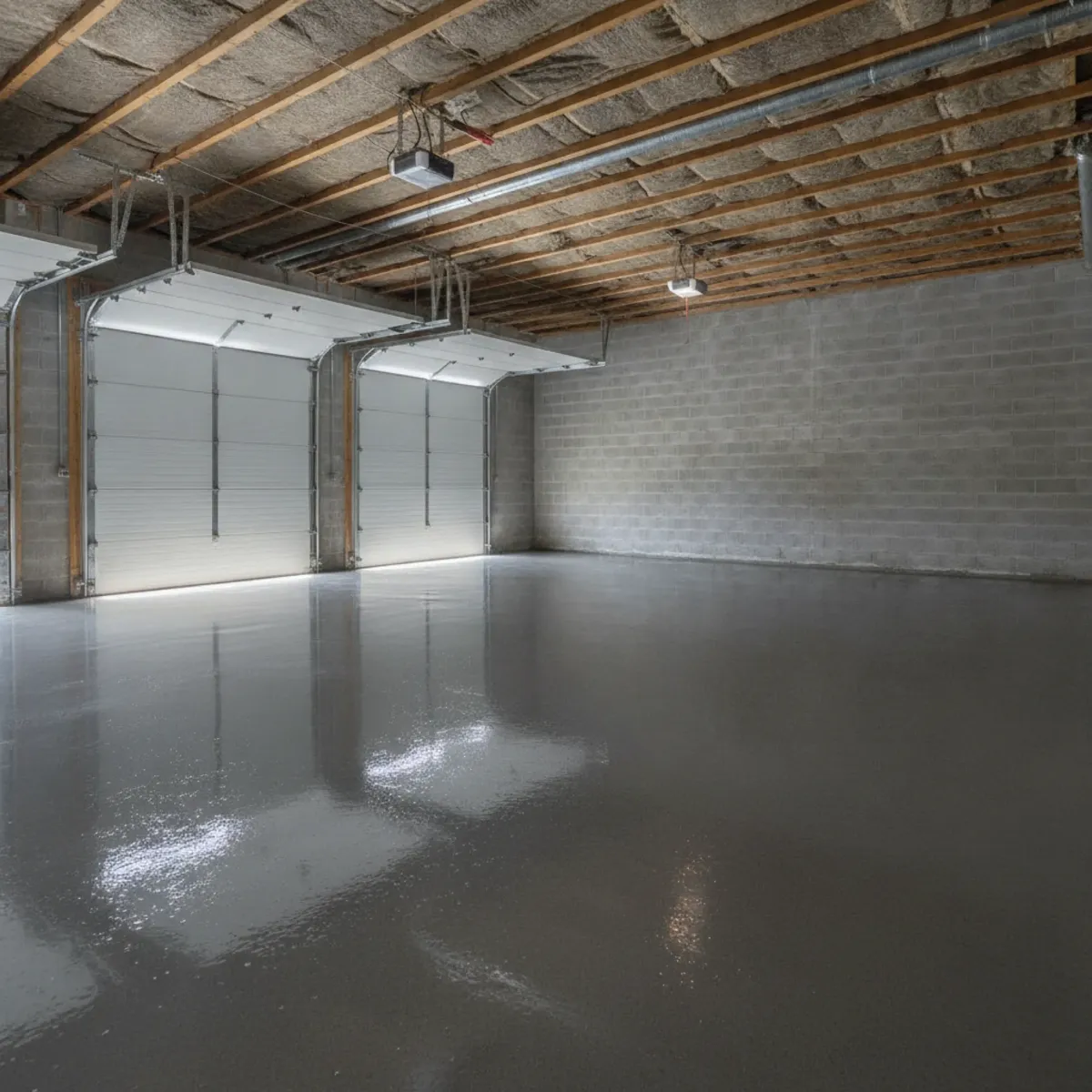 Large two-bay garage with a glossy gray concrete floor reflecting the overhead lights