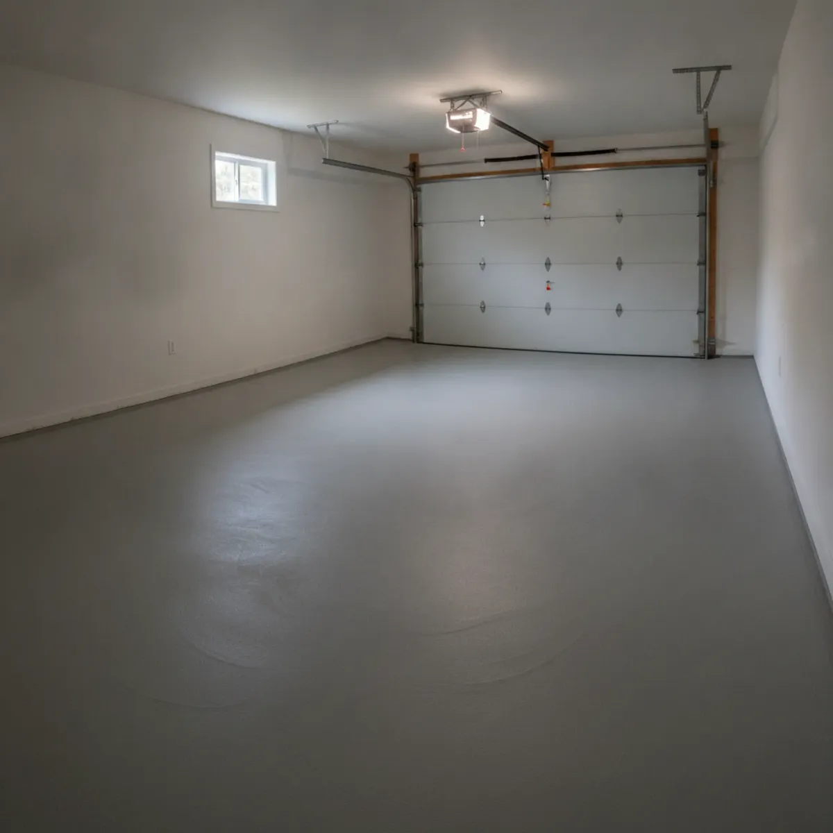 Empty garage with a smooth gray concrete floor, a white overhead door, and a small window