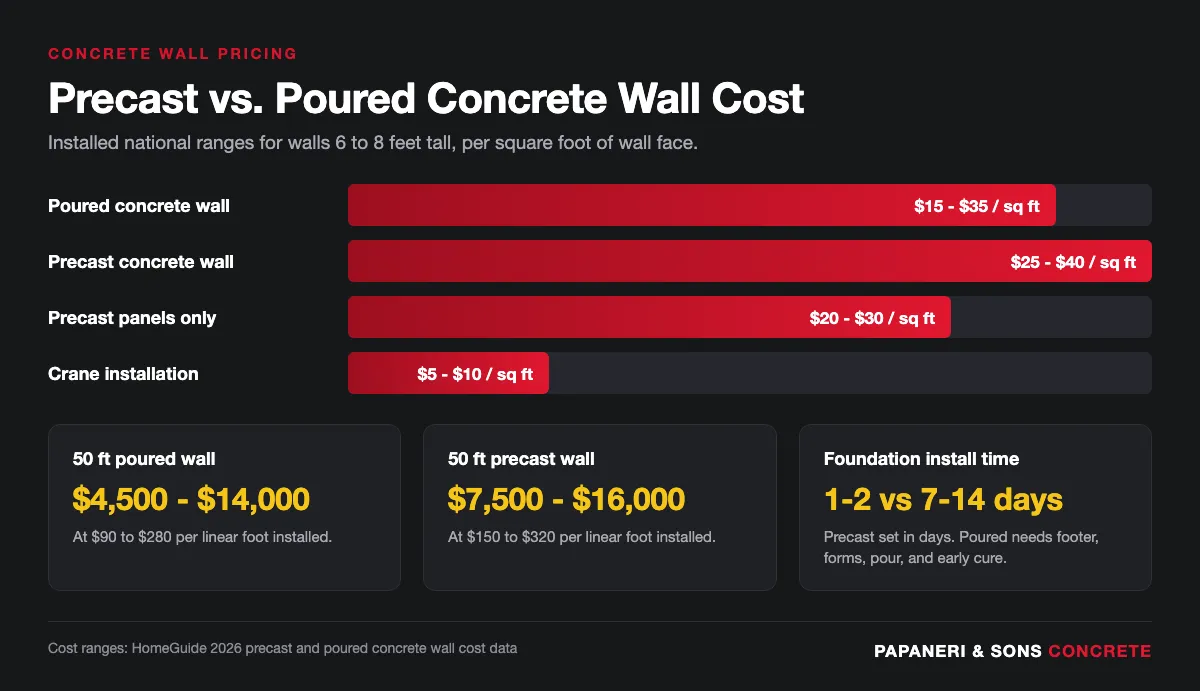 Infographic comparing precast and poured concrete wall cost per square foot, per linear foot, and install time