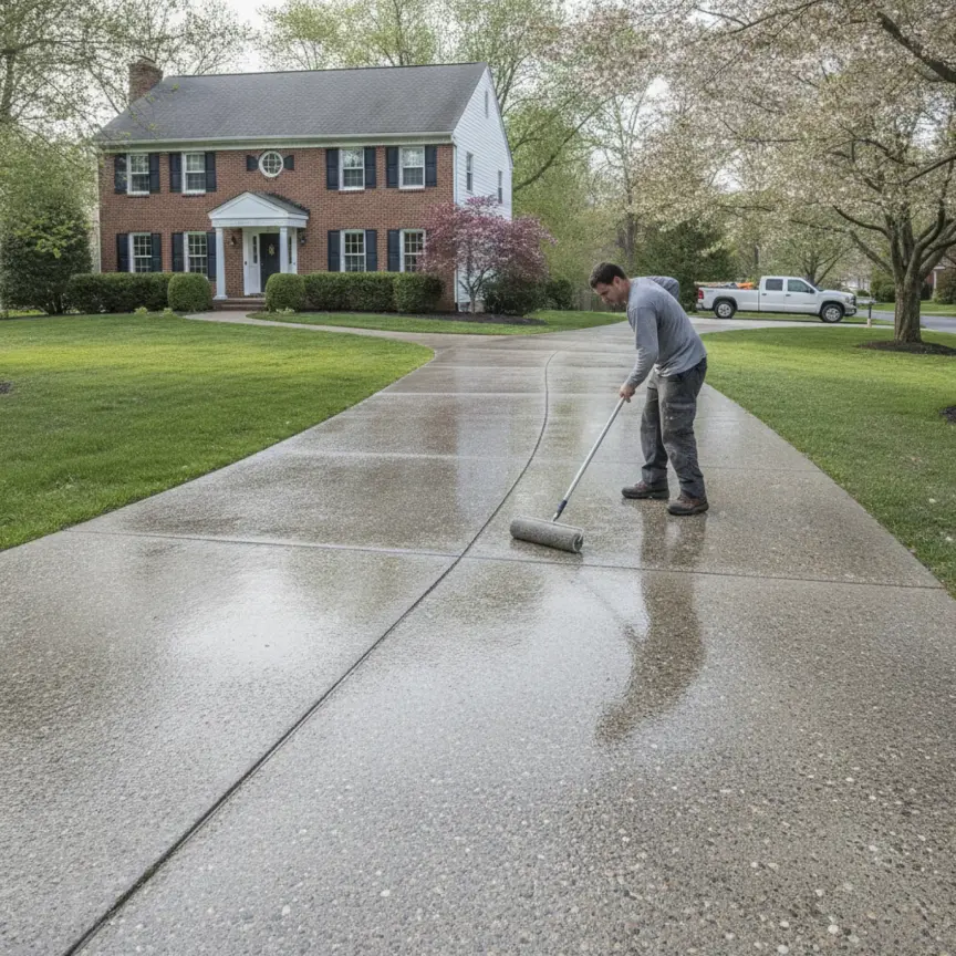 Sealed concrete driveway with a wet sheen in Cherry Hill, NJ