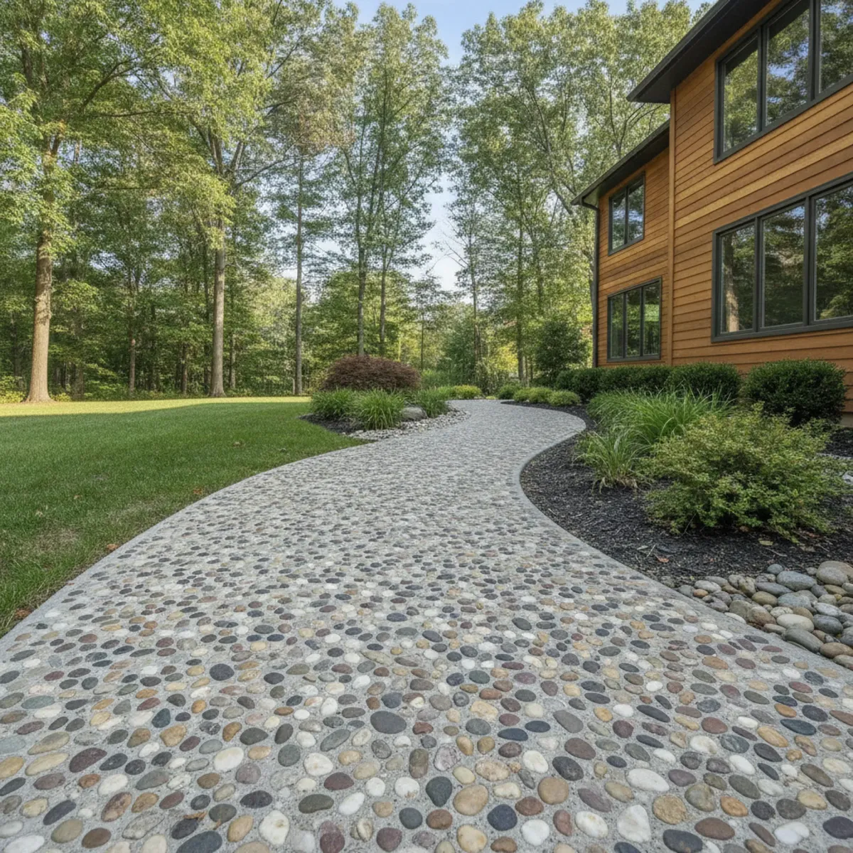 Curving exposed aggregate concrete walkway with a textured stone surface leading to a home