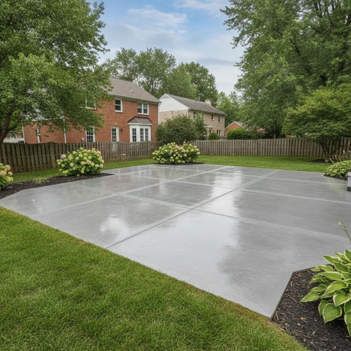 Freshly sealed concrete patio with a glossy wet look in a backyard next to a lawn and shrubs