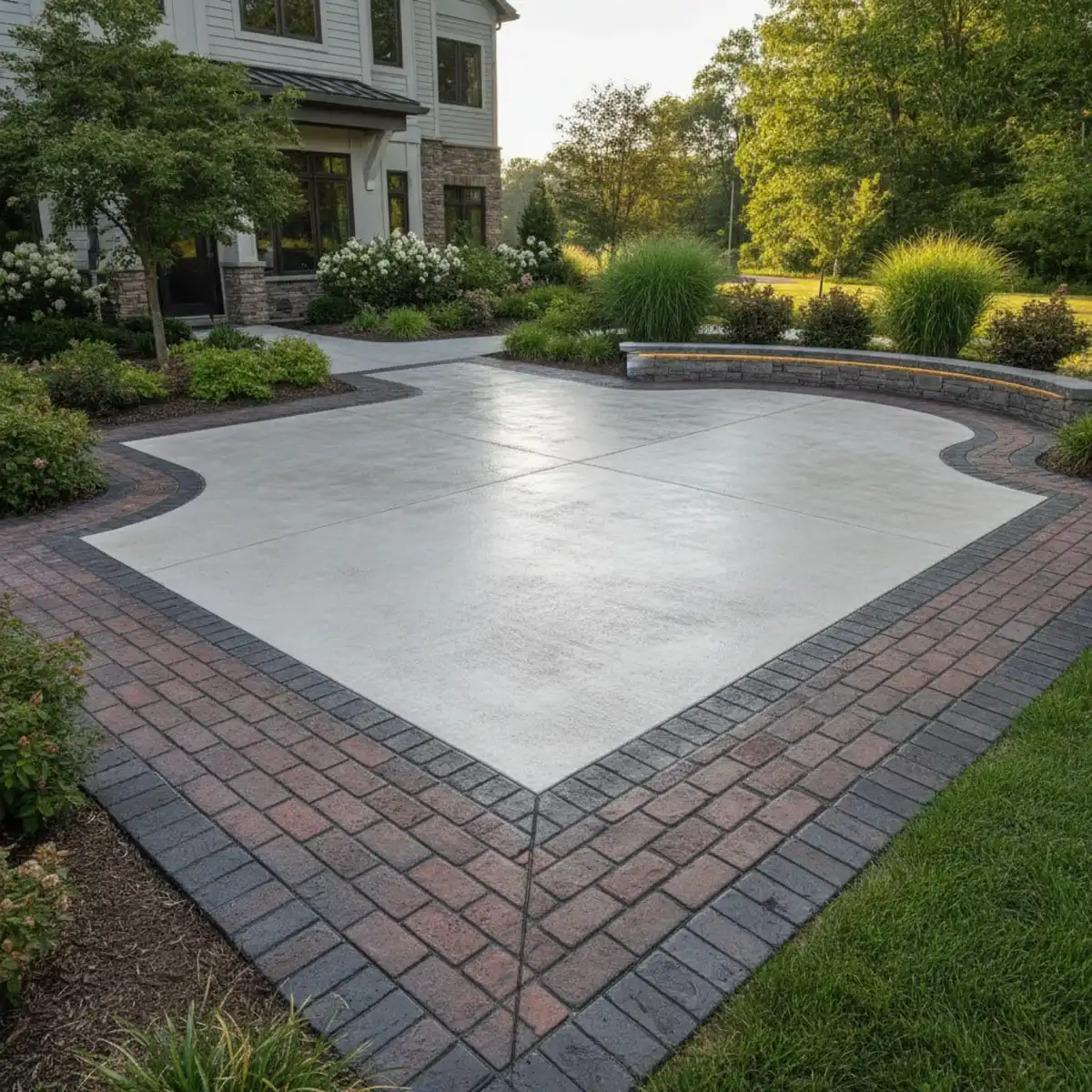 Broom-finished concrete patio field framed by a decorative stamped brick-pattern border in front of a home