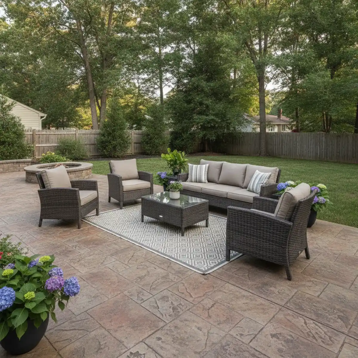 Stamped concrete patio in an ashlar slate pattern furnished with a couch, chairs, and a coffee table