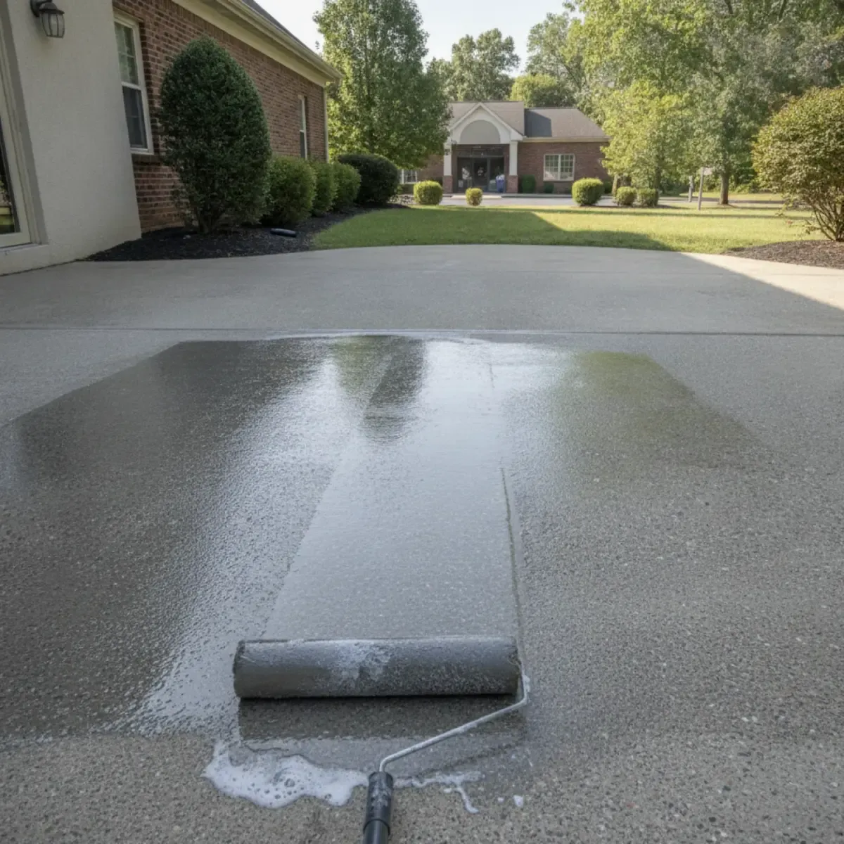 Applying concrete sealer with a roller to a residential driveway in Cherry Hill NJ